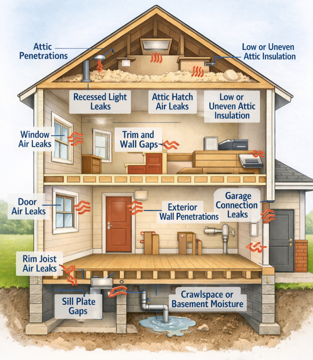 Diagram showing common home air leak locations including attic, windows, rim joists, crawlspace and exterior penetrations